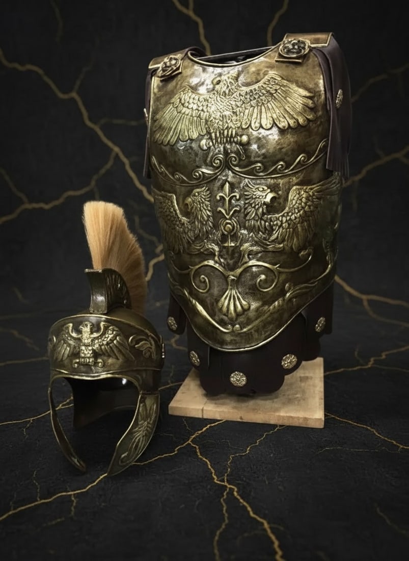 Authentic Roman Chestplate and Helmet Set 18G Brass Medieval Reenactment Armor: Title:Authentic Roman Chestplate and Helmet Set 18G Brass Medieval Reenactment Armor Description:This premium quality cuirass is designed with both front and back plates for a classic aesthetic. It
