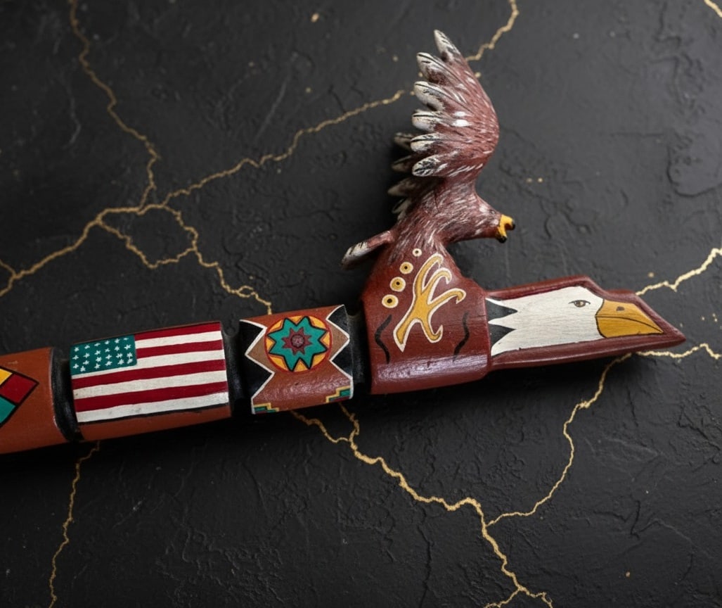 Hand Carved Painted Wooden Pipe Native American Artisan Craft 15.75" - 3
