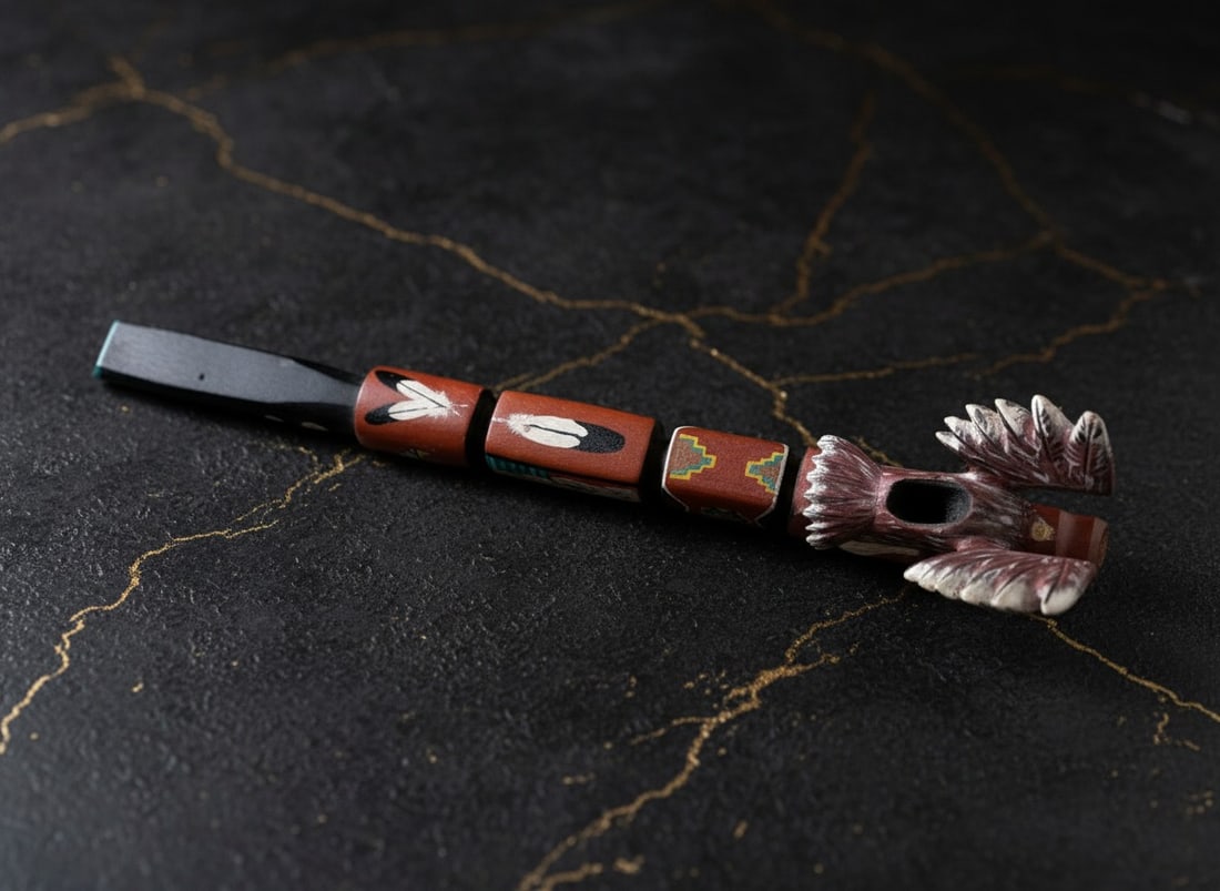 Hand Carved Painted Wooden Pipe Native American Artisan Craft 15.75" - 5
