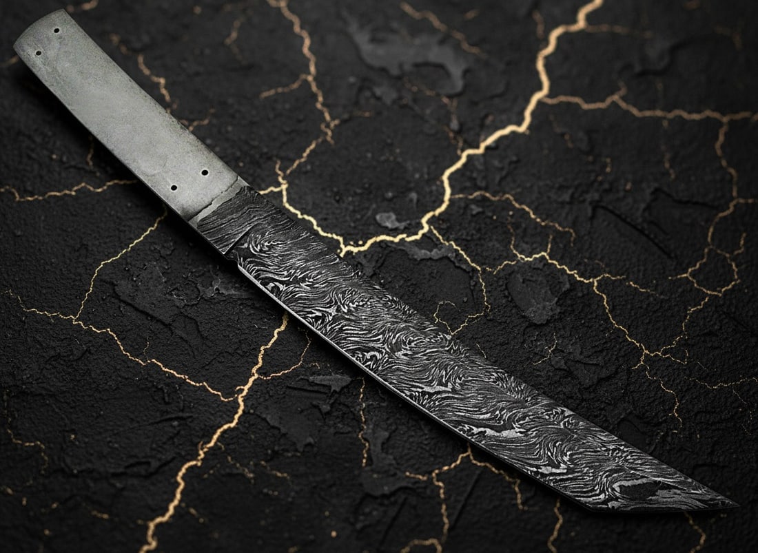 Hand-Forged Damascus Steel Japanese Tanto Blank Blade Fixed Knife - 6