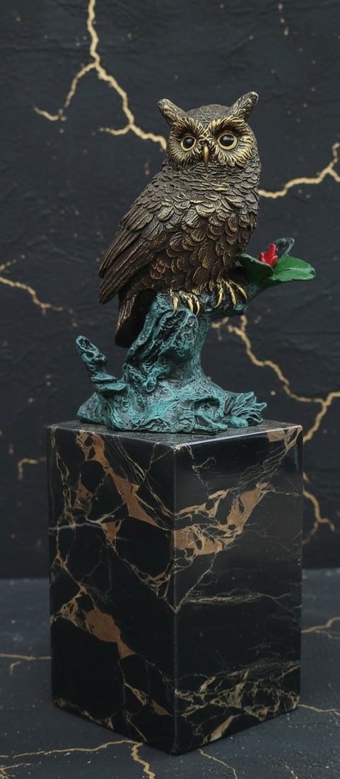 Handcrafted Multicolored Bronze Owl Statue Artistic Desktop Figurine: Title:Handcrafted Multicolored Bronze Owl Statue Artistic Desktop Figurine Description:This sitting owl on a branch sculpture captures the quiet wisdom and watchful presence of the owl in exquisite de