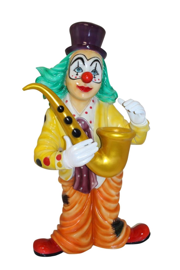Clown Standing with Saxophone Bronze Statue - Size: 20"L x 15"W x 36"H.: Title:Clown Standing with Saxophone Bronze Statue - Size: 20"L x 15"W x 36"H. Description:Large-size colorful clown statue playing saxophone, made from resin. Stop clowning around!...We can supply
