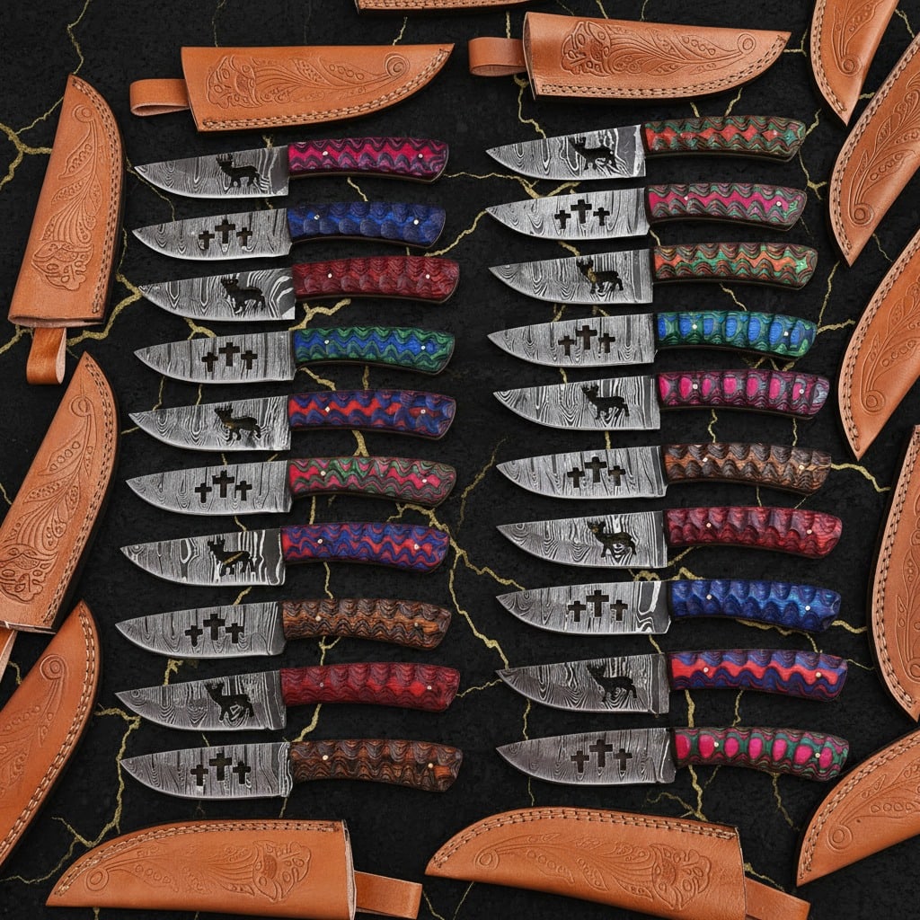 20 Handmade Damascus Steel Hunting Skinner Knives EDC Fixed Blade Lot: Title:20 Handmade Damascus Steel Hunting Skinner Knives EDC Fixed Blade Lot Description:This handmade hunting knife is crafted using exotic materials and traditional forging techniques. Each piece