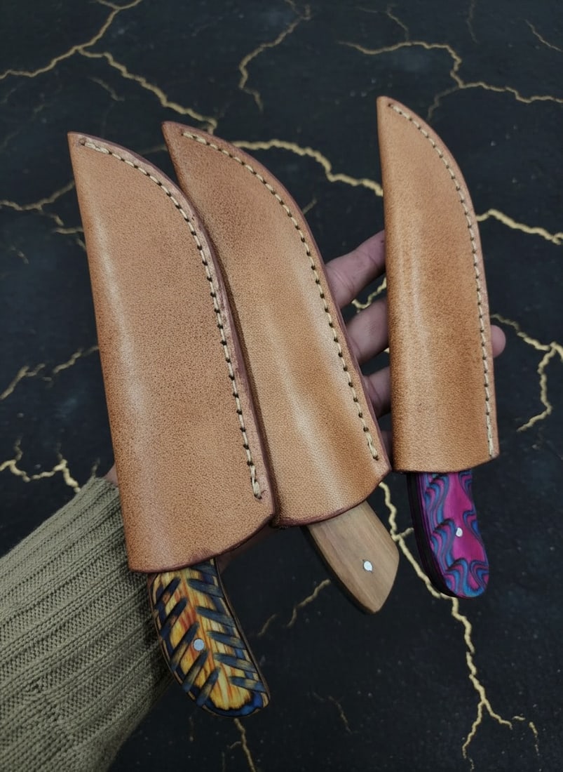 60pc Damascus Steel Utility Knife Set Full Tang Blades w/ Leather Sheaths - 12