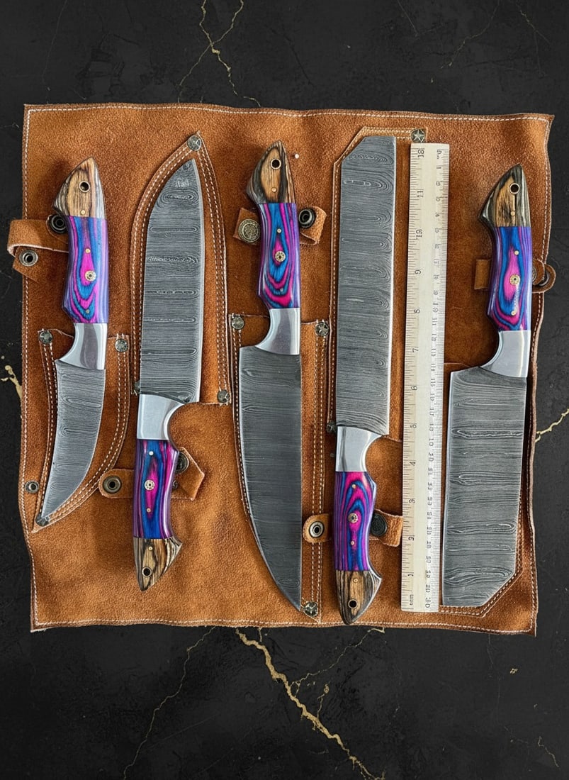 5 Pc Damascus Steel Chef Knife Set Wood Handle Kitchen Cutlery Leather Roll (1 of 6)