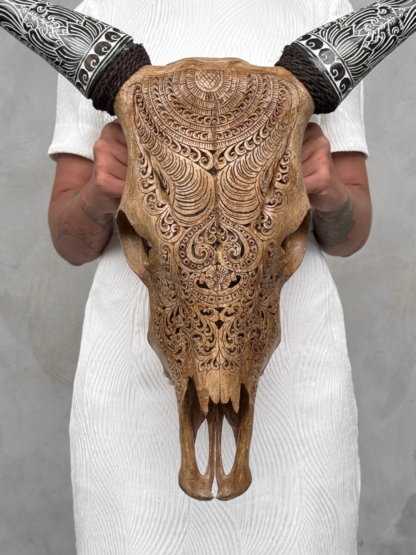 Brown cow skull with bohemian carved horns - Badong motif - 10
