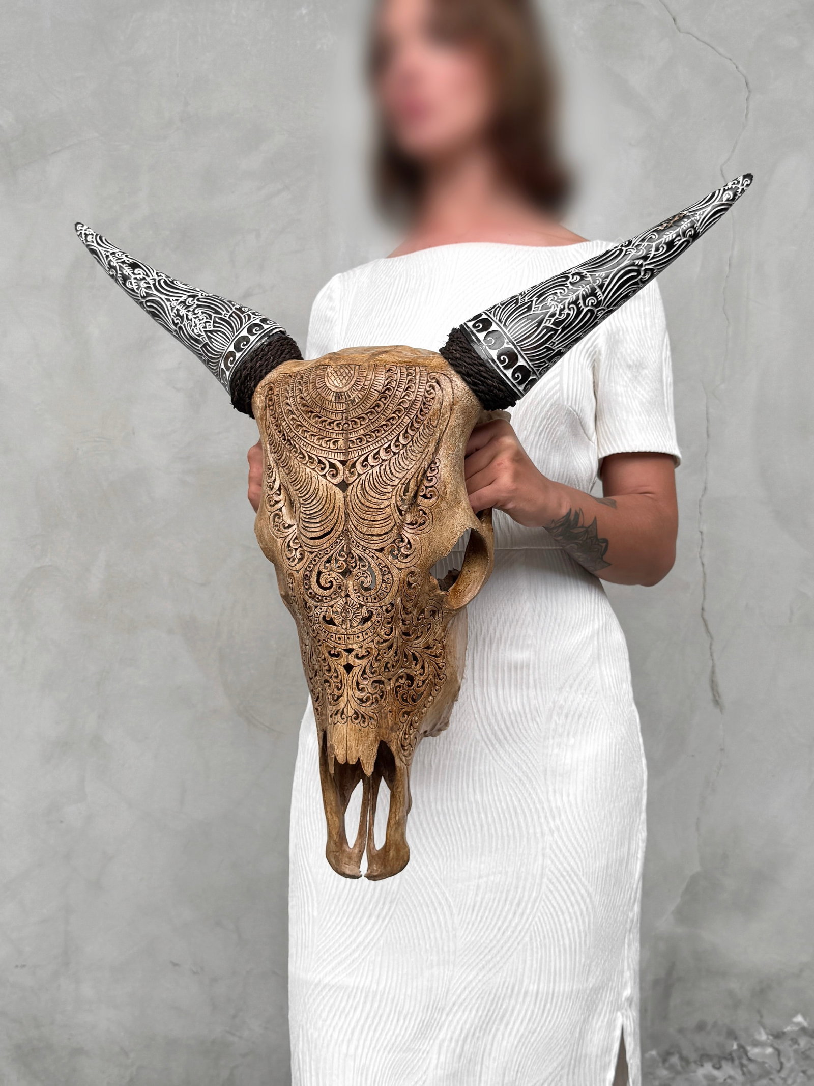 Brown cow skull with bohemian carved horns - Badong motif - 2