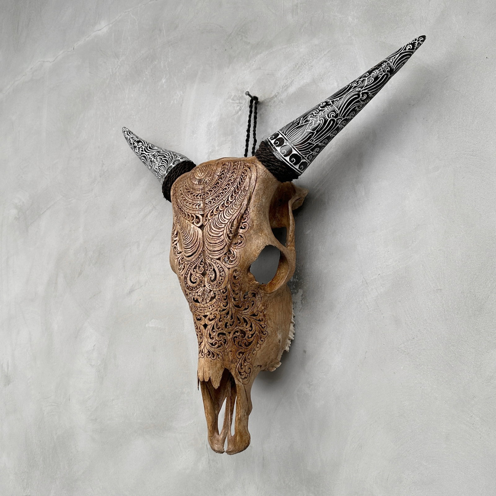 Brown cow skull with bohemian carved horns - Badong motif - 7