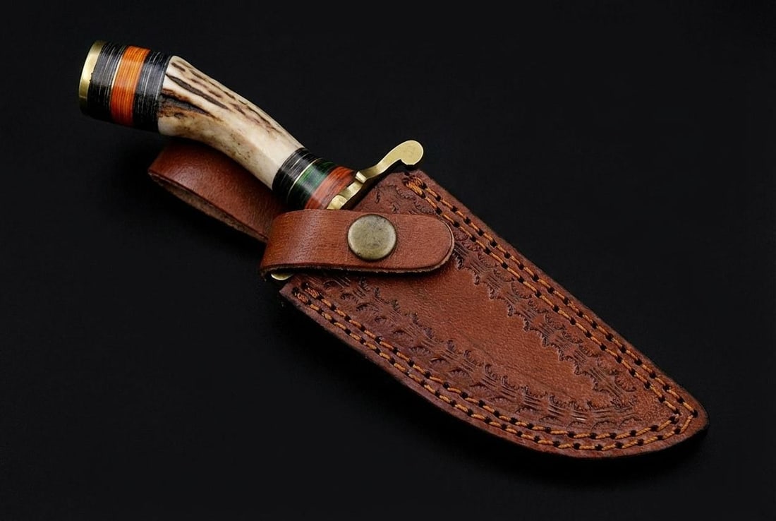 Hand Forged Damascus Steel Hunting Knife 8" with Stag Horn and Brass Handle - 5