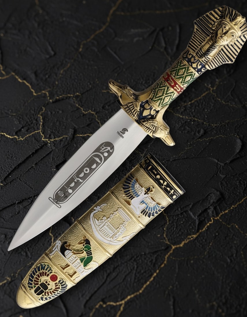Pharaoh Theme 6.4" Stainless Steel Fixed Blade Dagger Egyptian Style Knife: Title:Pharaoh Theme 6.4" Stainless Steel Fixed Blade Dagger Egyptian Style Knife Description:This decorative Tutankhamun dagger is crafted with meticulous detail, featuring gold-bathed components and 