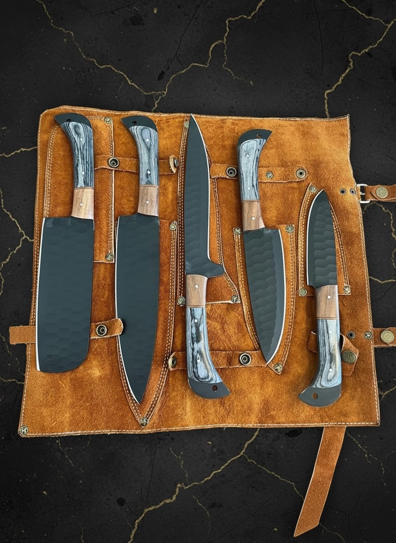 5pc Hand-Forged D2 Steel Chef Knife Set Hammered Blade with Leather Roll: Title:5pc Hand-Forged D2 Steel Chef Knife Set Hammered Blade with Leather Roll Description:This chef set includes five hand-forged knives and a cowhide leather carrying bag as shown in the images.