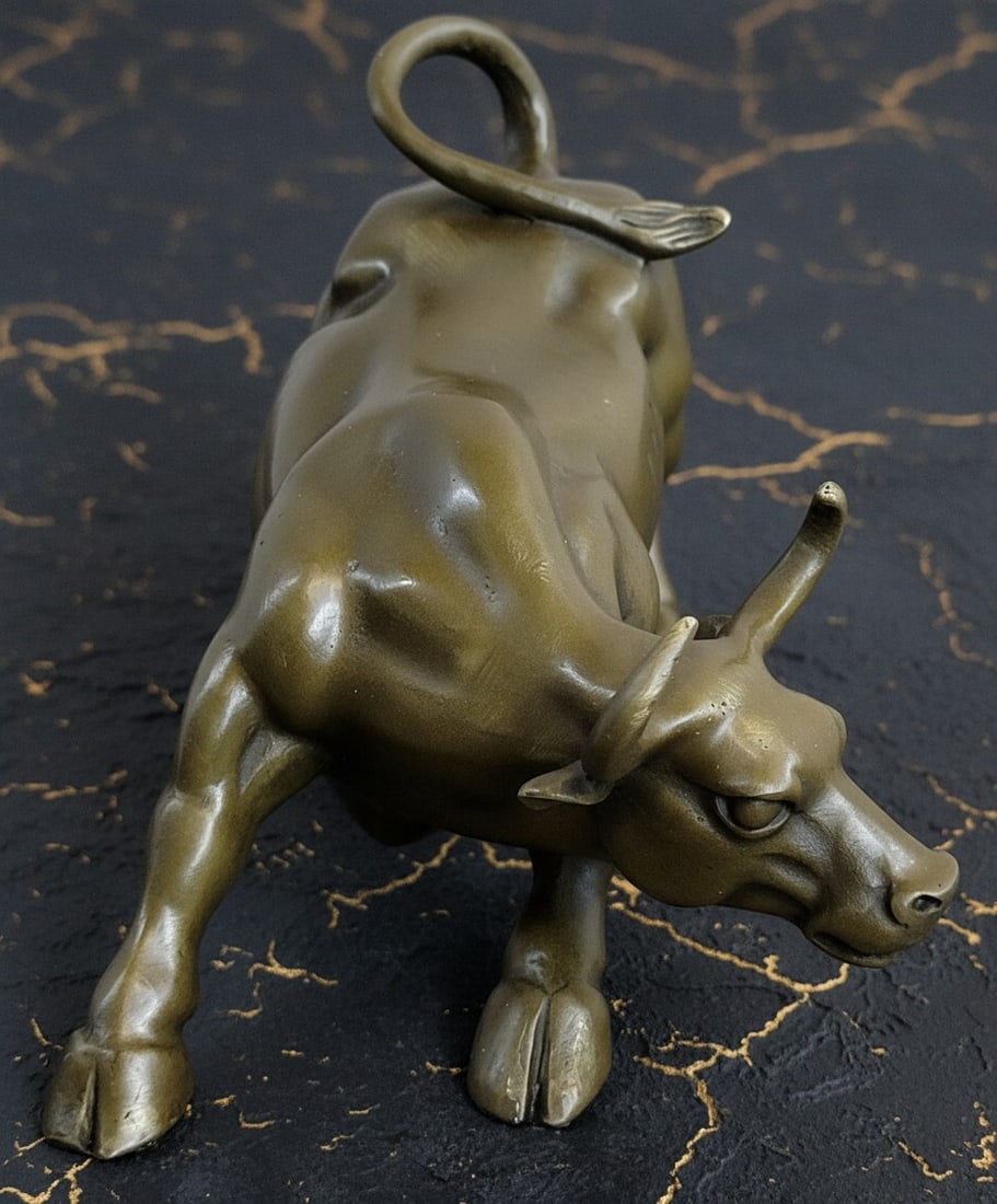 Solid Bronze Wall Street Bull Statue Financial District Decor Figurine - 2