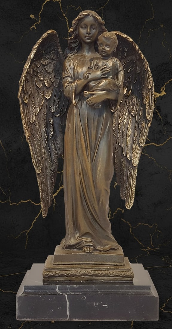 Fine Art Bronze Sculpture: Protective Angel and Child Figurine Signed A. Moreau: Title:Fine Art Bronze Sculpture: Protective Angel and Child Figurine Signed A. Moreau Description:This heartfelt bronze sculpture depicts a guardian angel gently holding a baby, symbolizing