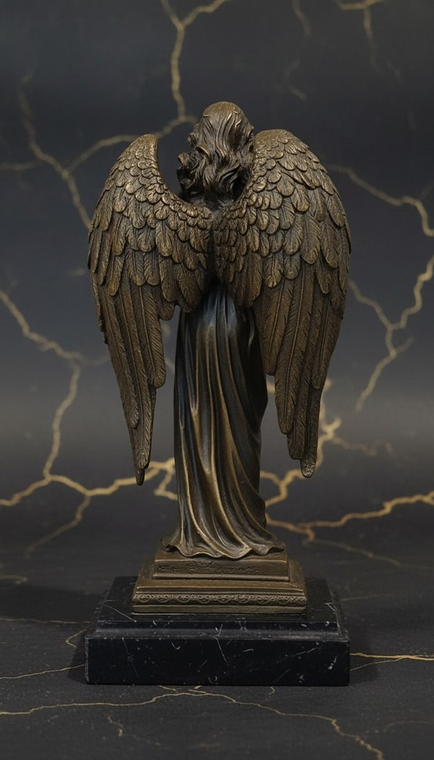 Fine Art Bronze Sculpture: Protective Angel and Child Figurine Signed A. Moreau - 2