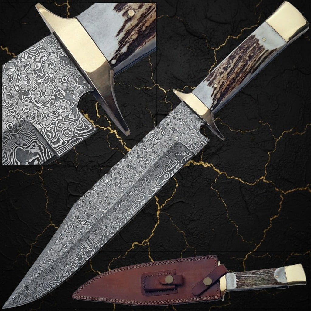 Hand-Forged 1095 High Carbon Damascus Bowie Knife with Genuine Stag Handle (1 of 3)