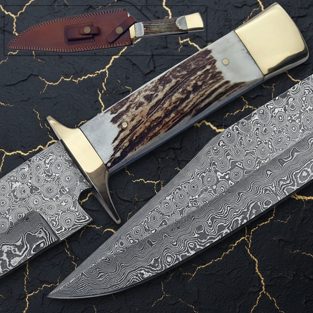 Hand-Forged 1095 High Carbon Damascus Bowie Knife with Genuine Stag Handle - 3