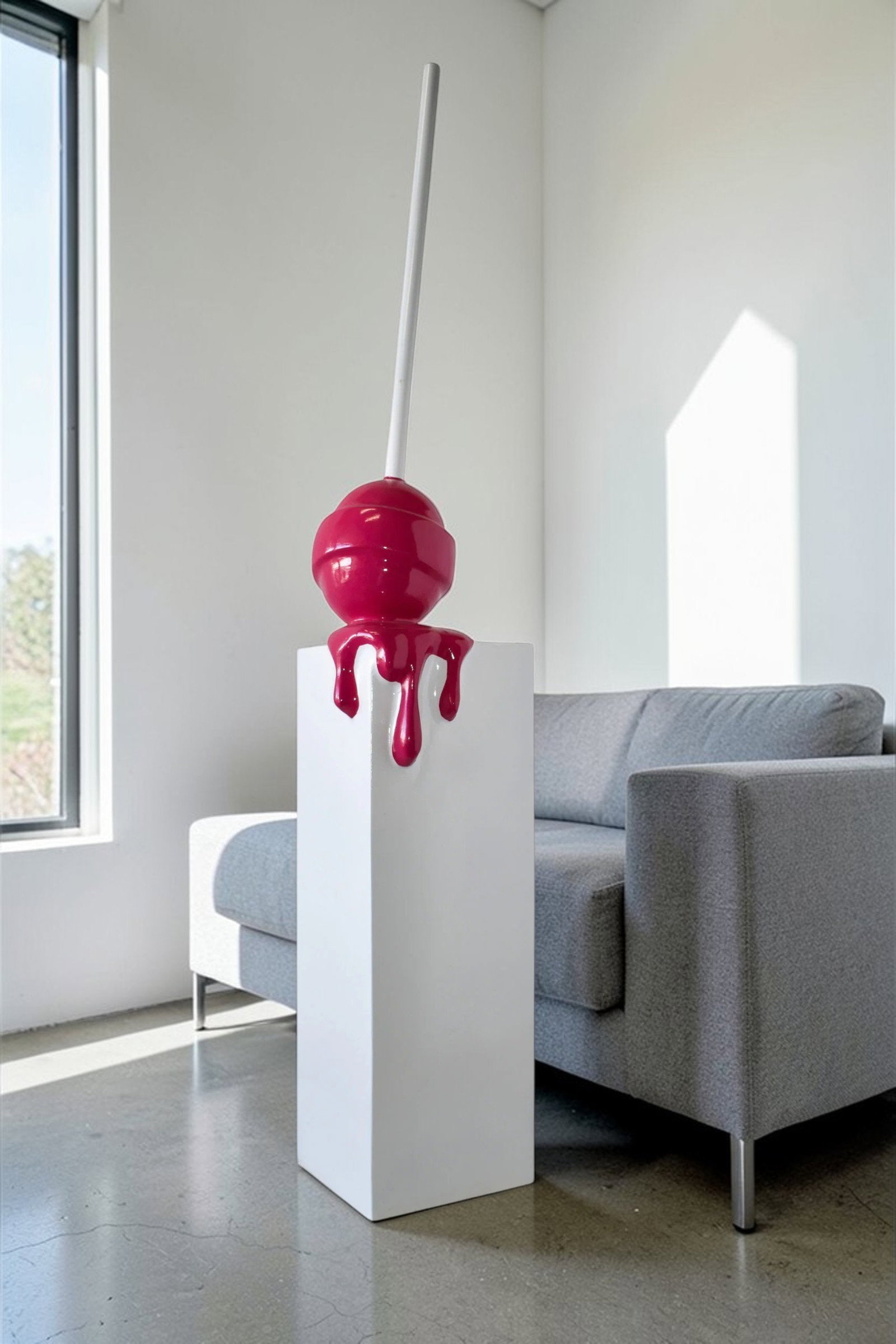 Red Lollipop Mounted on A White Pedestal Resin Statue Size: 10" x 10" x 59"H - 2