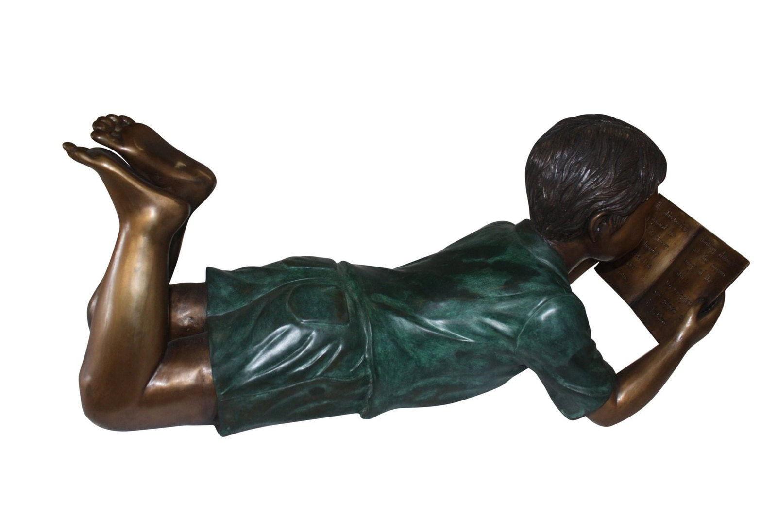 Boy Laying Reading Book Bronze Statue - 11"H.: Title:Boy Laying Reading Book Bronze Statue - 11"H. Description:Magnificent large size bronze statue of a Laying boy reading book. The joy of youth, lost in a book and putting thoughts to paper, will