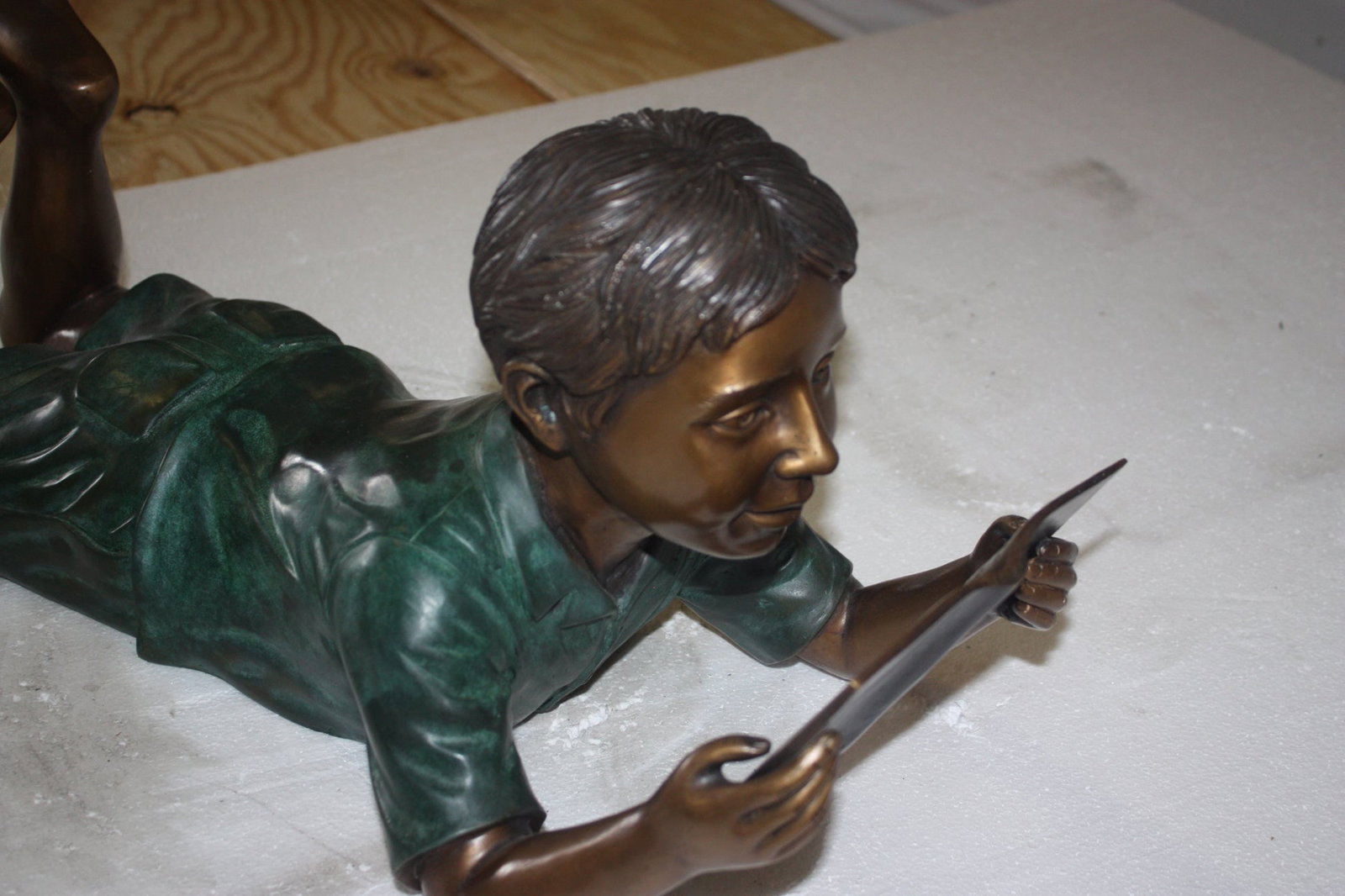Boy Laying Reading Book Bronze Statue - 11"H. - 9
