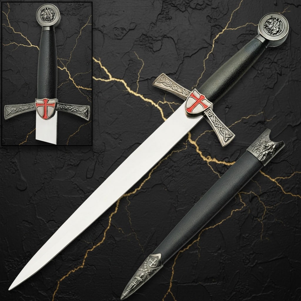 14.25" Medieval Crusader Dagger With Sheath Decorative Fixed Blade Weapon: Title:14.25" Medieval Crusader Dagger With Sheath Decorative Fixed Blade Weapon Description:This Knights Templar dagger features a decorative design and comes complete with a matching scabbard. The bl