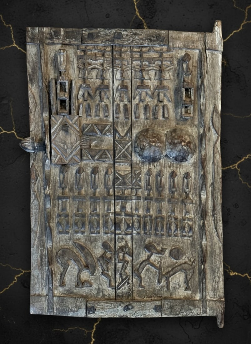 Antique Hand-Carved Dogon Wood Door 16x25 West African Tribal Wall Art - 3