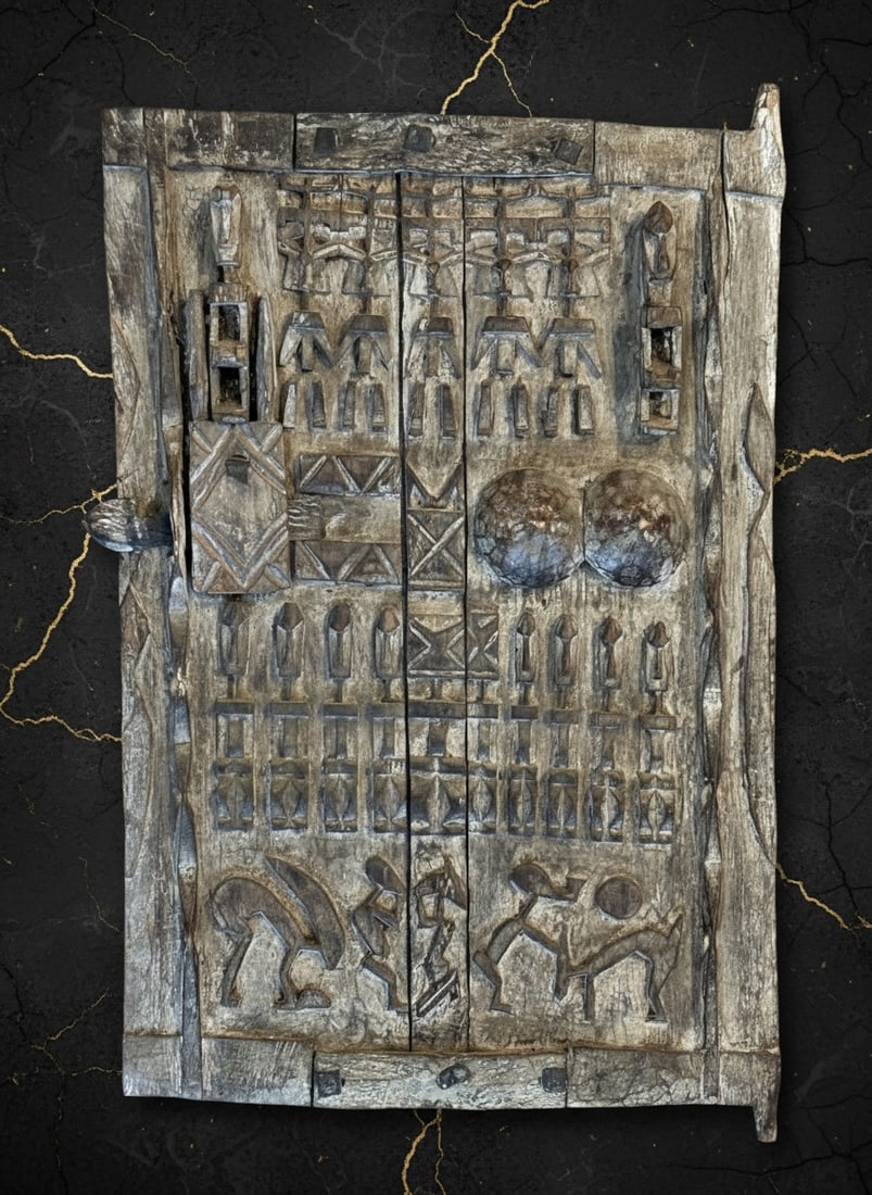 Antique Hand-Carved Dogon Wood Door 16x25 West African Tribal Wall Art - 4