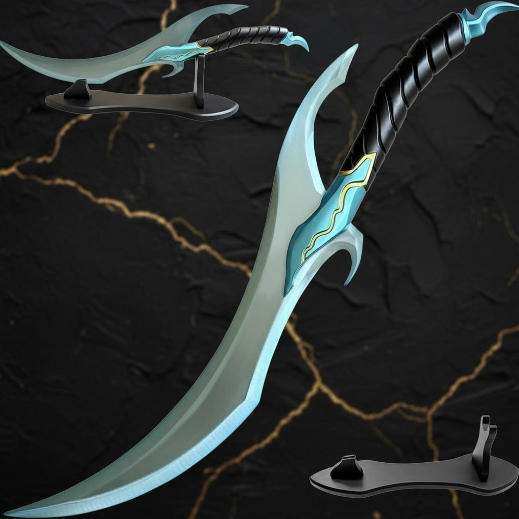 24" Stainless Steel Anime Fantasy Blade Replica with Display Stand: Title:24" Stainless Steel Anime Fantasy Blade Replica with Display Stand Description:This 24-inch Baruka’s sword is a stainless-steel anime replica designed for display purposes. It features a blue 