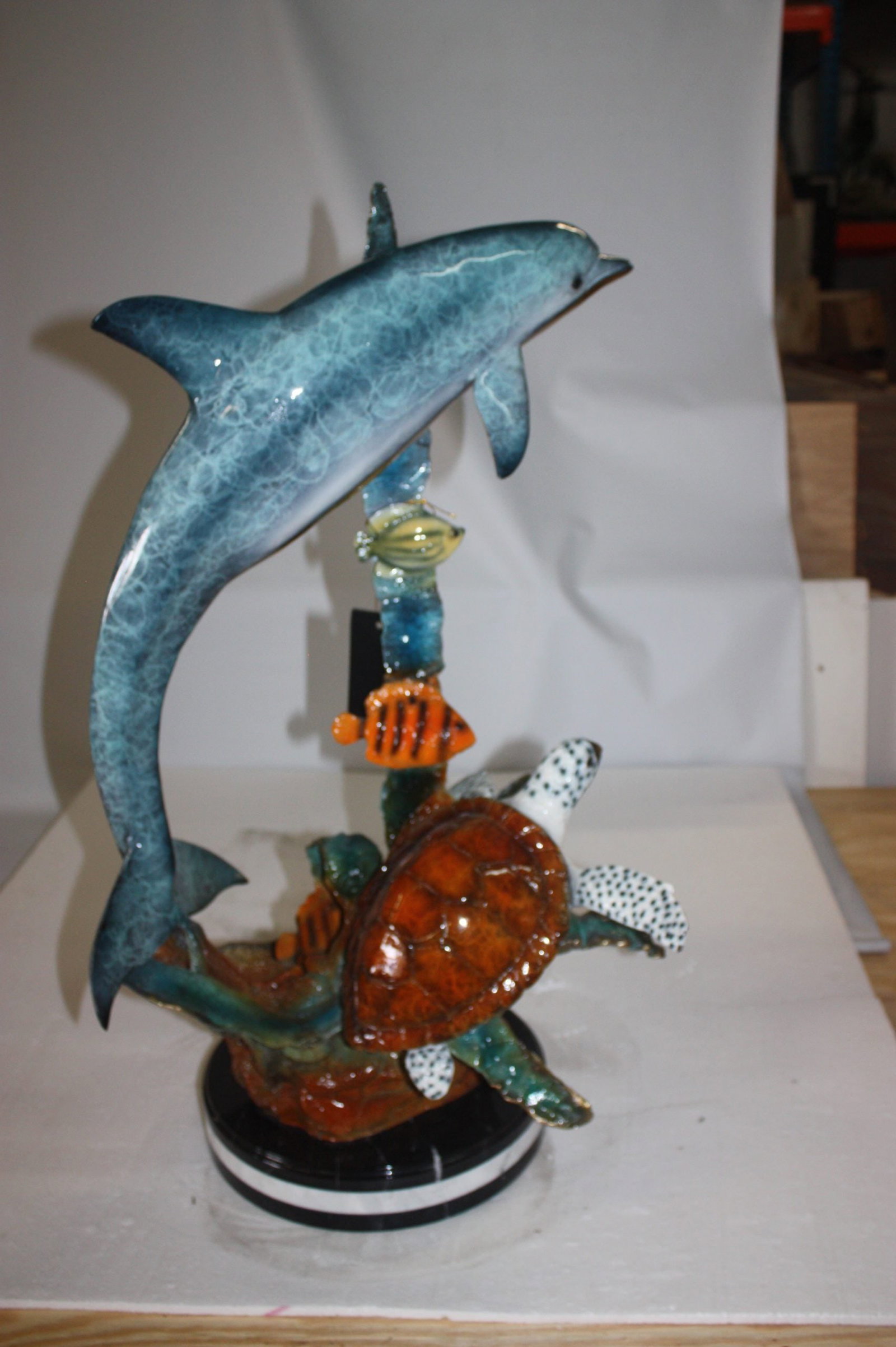 Dolphin with two fish and one turtle Statue - 32"H. - 3
