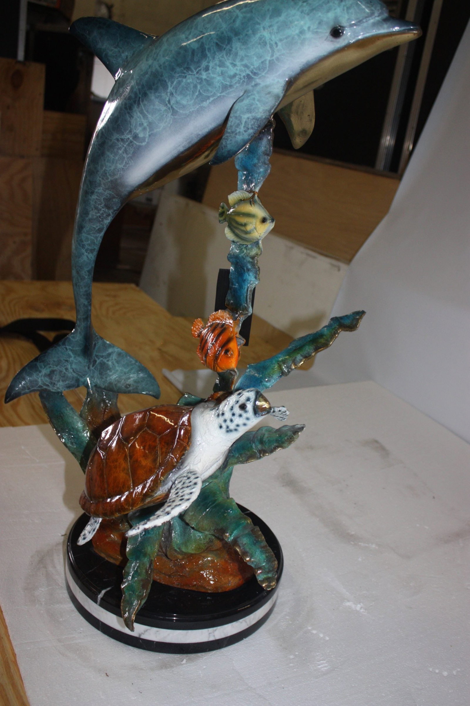Dolphin with two fish and one turtle Statue - 32"H. - 5