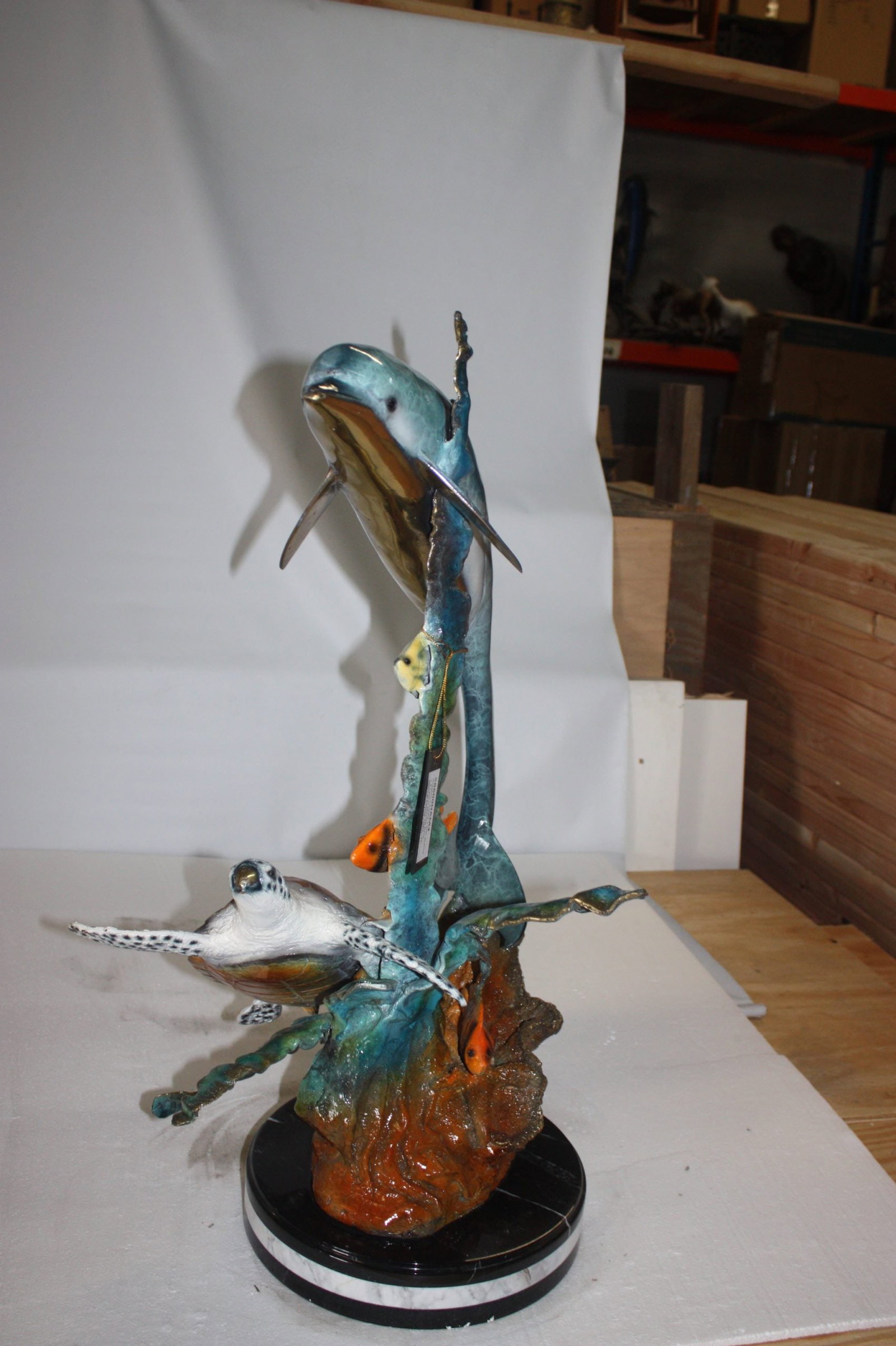 Dolphin with two fish and one turtle Statue - 32"H. - 7