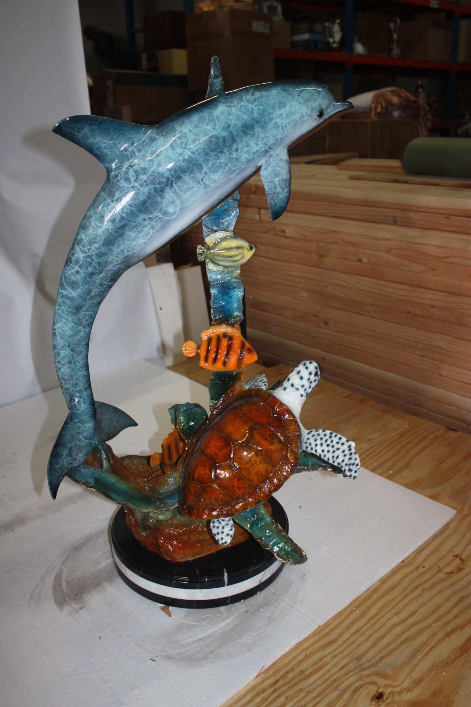 Dolphin with two fish and one turtle Statue - 32"H. - 9