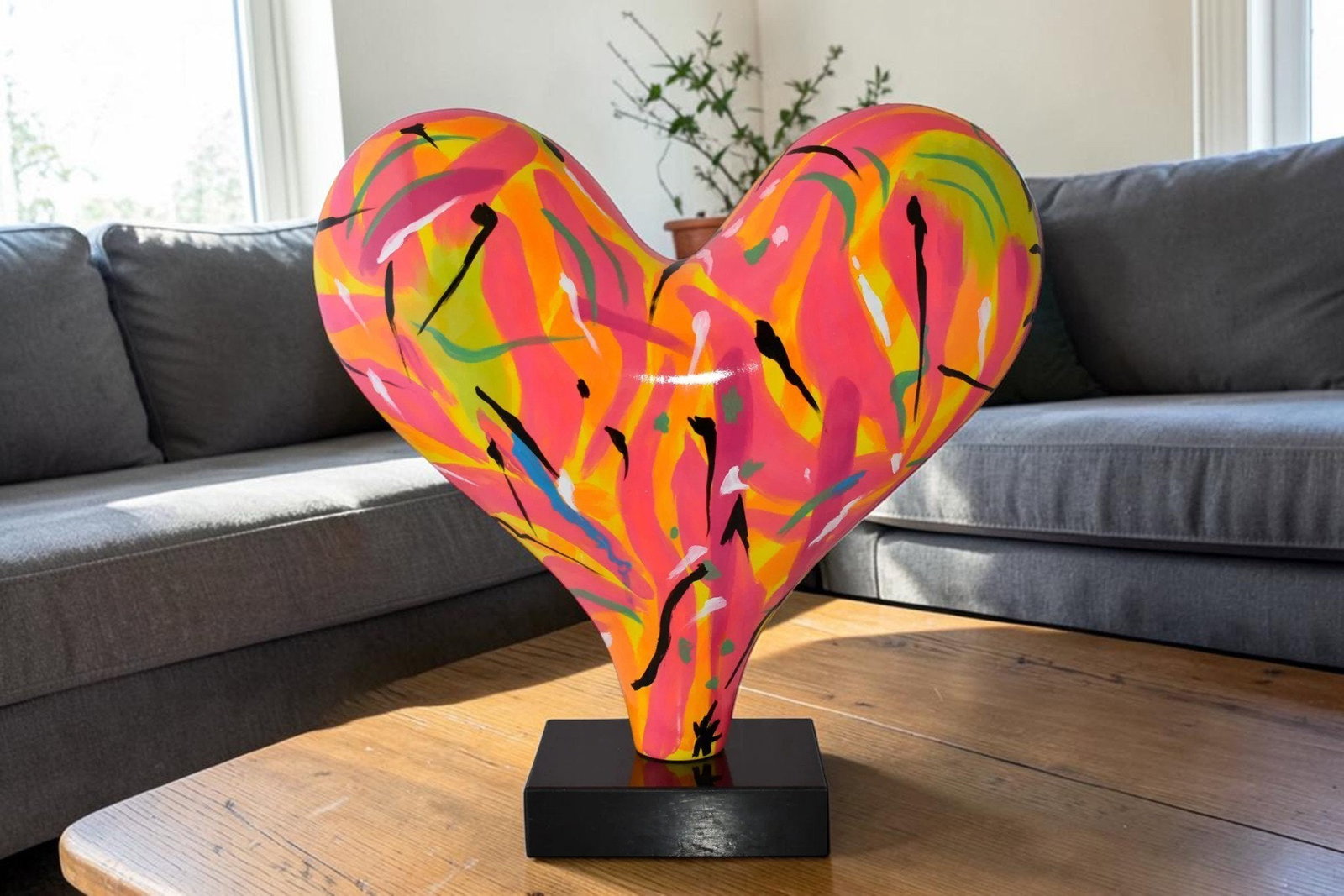Eclectic Multicolor Heart 3D Statue on Black Base Size: 24" x 12" x 25"H - 3