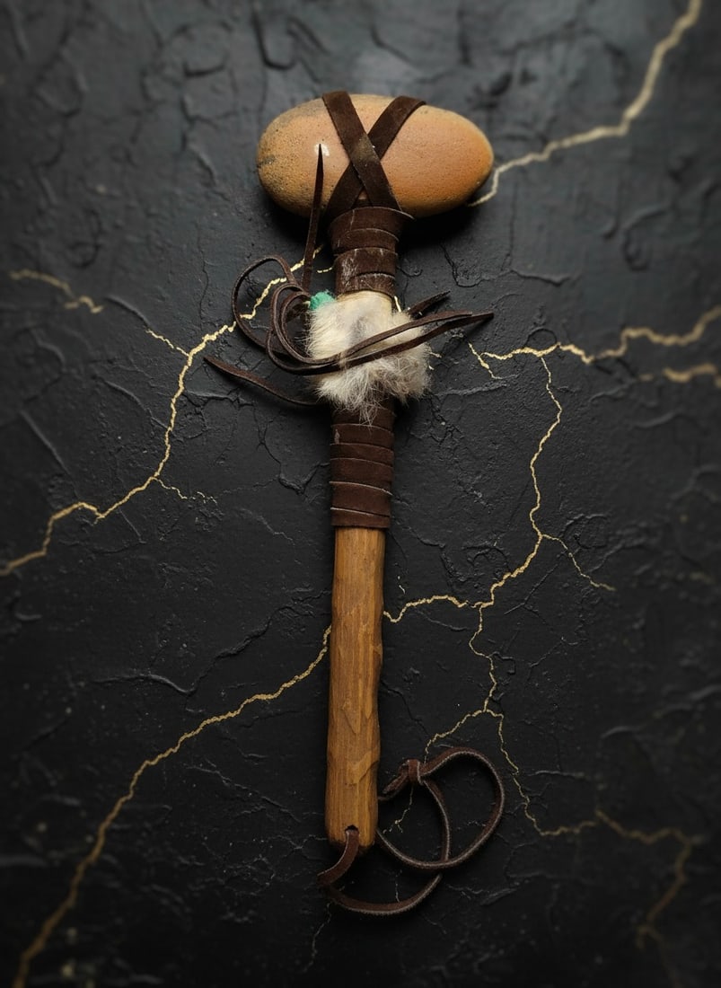 70s Southwestern Native American Style Stone and Wood Ceremonial Tomahawk - 2