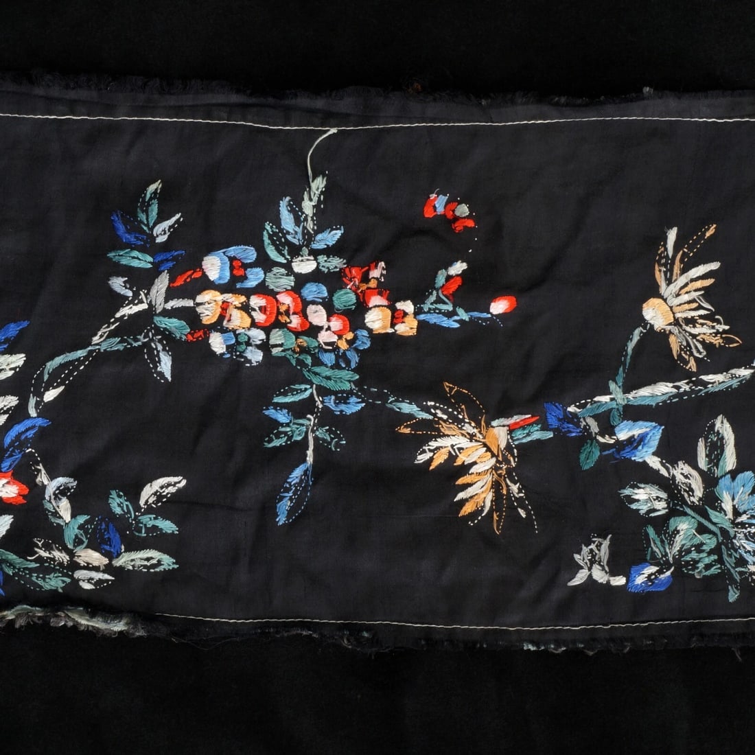 Chinese Black Silk Embroidered Panel c 1900 - 3