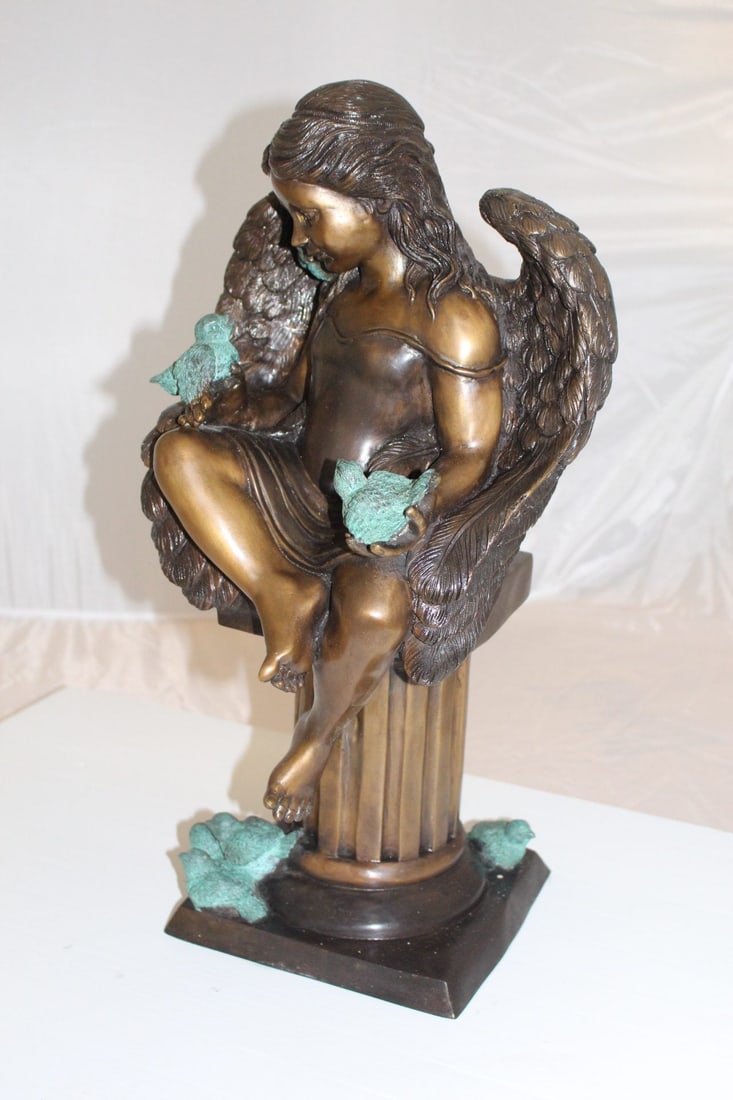 Angel sitting on Column Bronze Statue - Size: 10"L x 9"W x 22"H. - 13