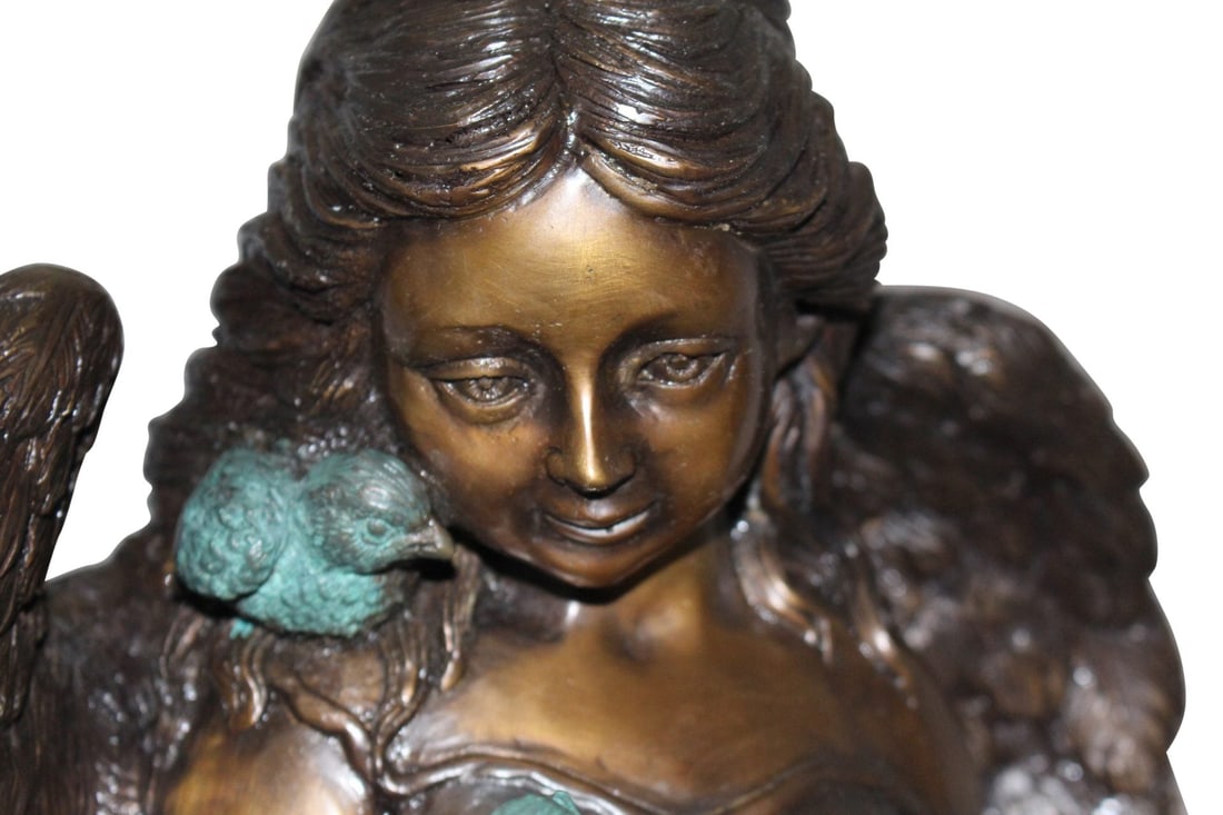 Angel sitting on Column Bronze Statue - Size: 10"L x 9"W x 22"H. - 2