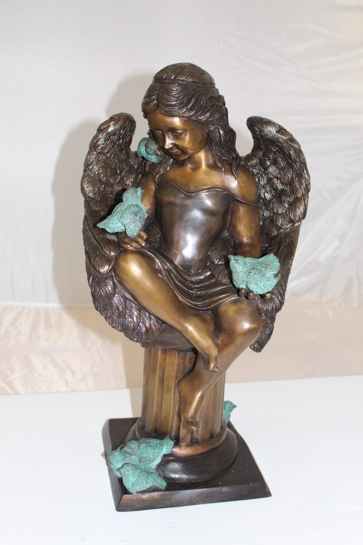 Angel sitting on Column Bronze Statue - Size: 10"L x 9"W x 22"H. - 3