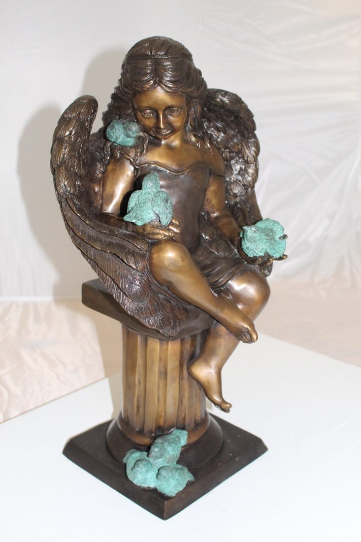 Angel sitting on Column Bronze Statue - Size: 10"L x 9"W x 22"H. - 4