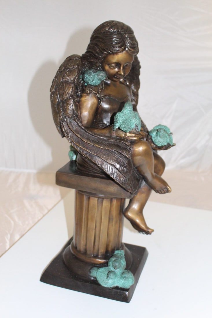 Angel sitting on Column Bronze Statue - Size: 10"L x 9"W x 22"H. - 5