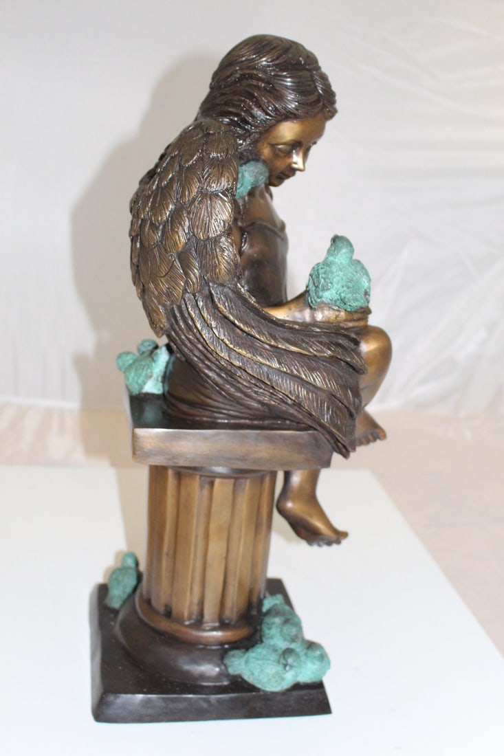 Angel sitting on Column Bronze Statue - Size: 10"L x 9"W x 22"H. - 6