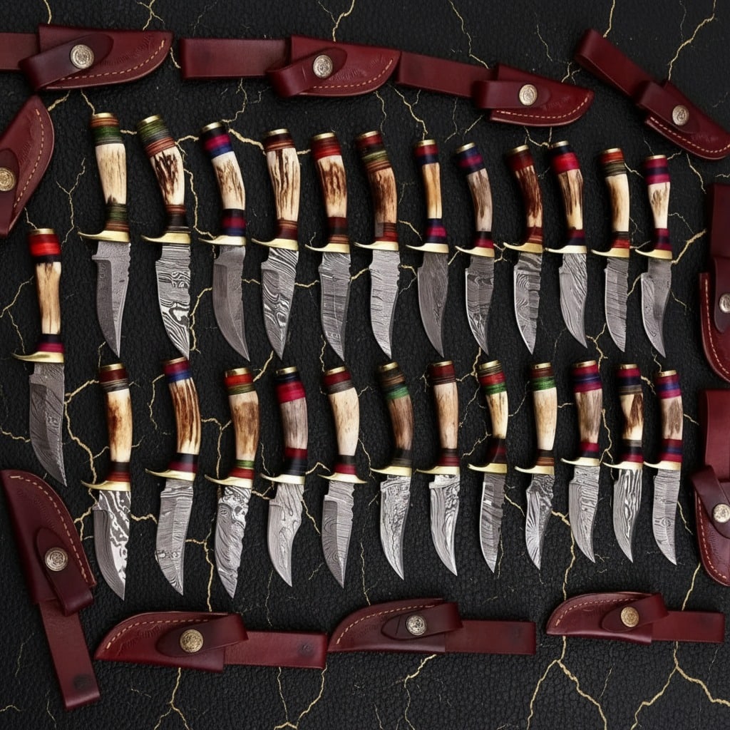 20pc Custom Handmade Damascus Steel Hunting Knife Set, Stag Horn Handle, Case (1 of 4)