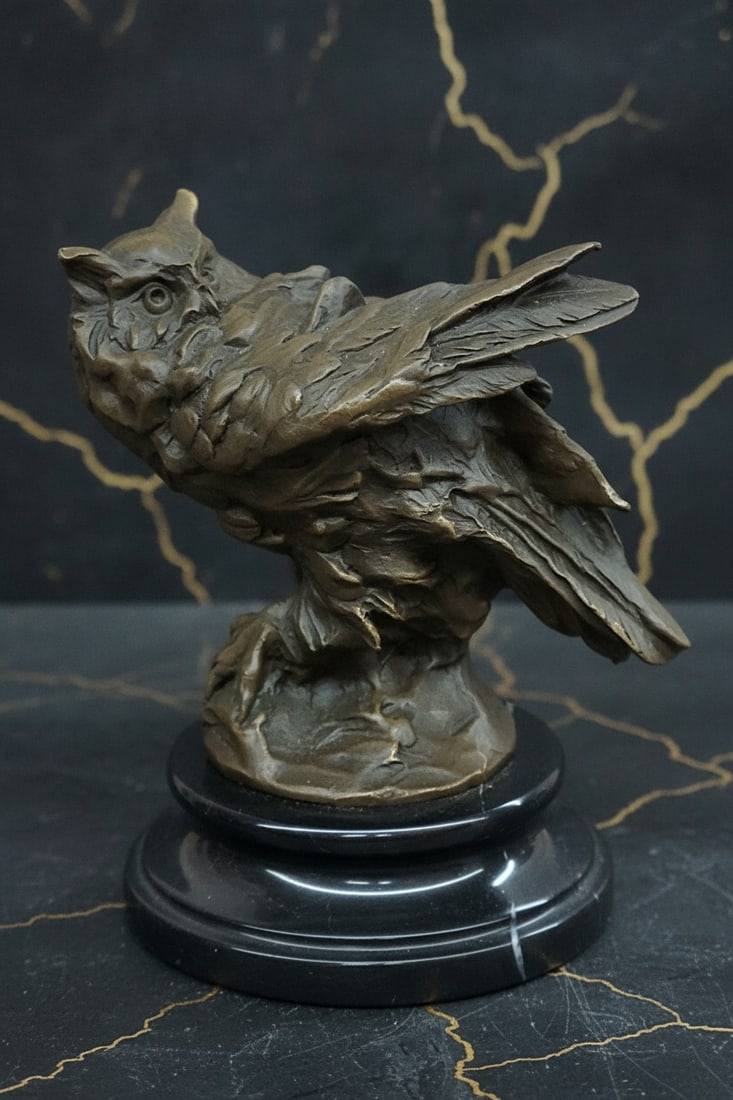 Abstract Bronze Owl Figurine Handcrafted Metal Bird Statue Fine Art Decor: Title:Abstract Bronze Owl Figurine Handcrafted Metal Bird Statue Fine Art Decor Description:This captivating bronze owl sculpture portrays the bird in a moment of intense focus as it watches over its 