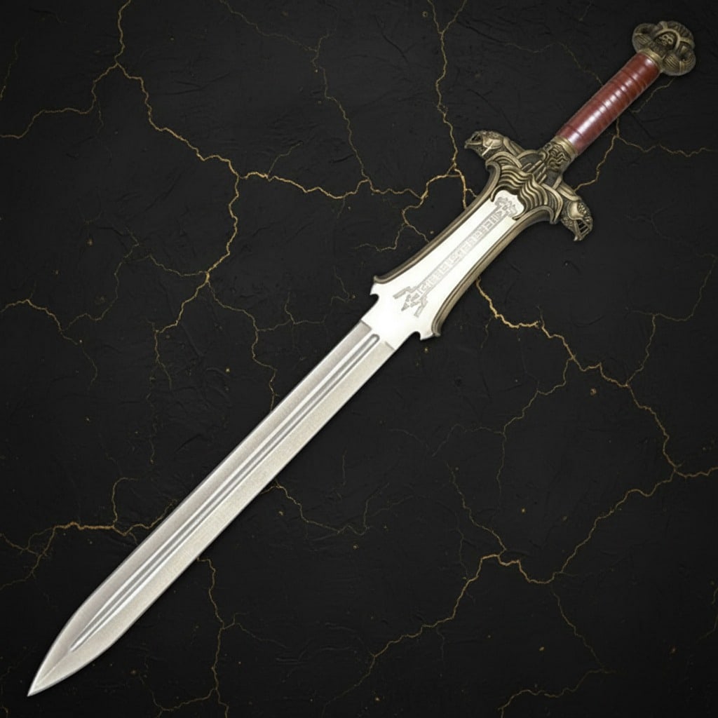Engraved Hyborian Fantasy Sword with Wall Display Plaque: Title:Engraved Hyborian Fantasy Sword with Wall Display Plaque Description:This replica Atlantean sword is inspired by the weapon featured in the Hyborian Age and includes deep engraved detailing alon