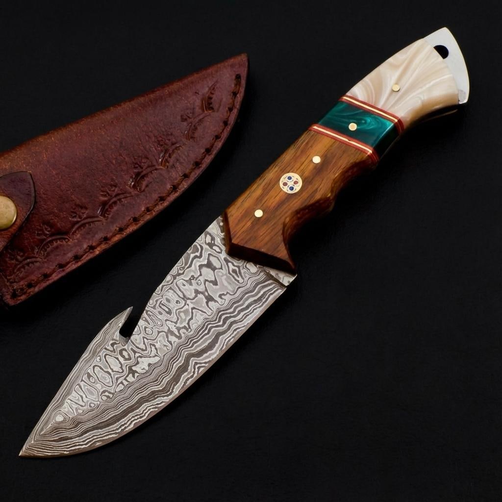 Handmade Damascus Steel Skinner Hunting Knife 9" with Resin and Wood Handle and Sheath: Title:Handmade Damascus Steel Skinner Hunting Knife 9" with Resin and Wood Handle and Sheath Description:This is a custom handmade Damascus steel knife designed for hunting, skinning, and camping