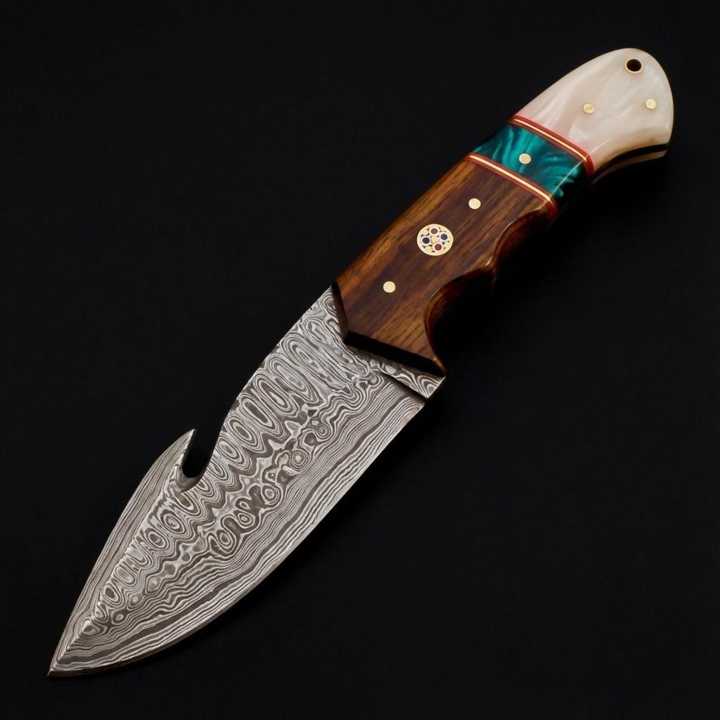 Handmade Damascus Steel Skinner Hunting Knife 9" with Resin and Wood Handle and Sheath - 5