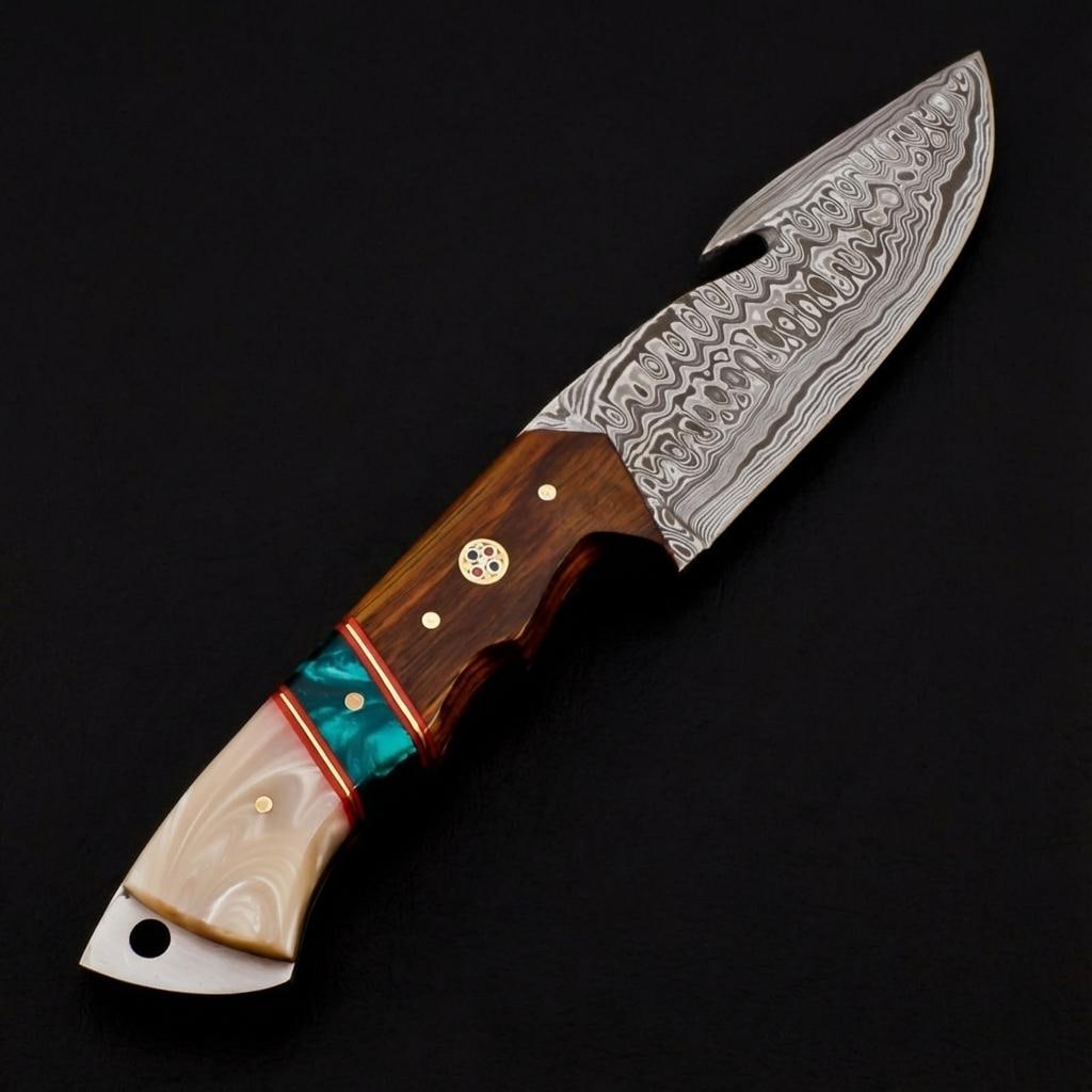 Handmade Damascus Steel Skinner Hunting Knife 9" with Resin and Wood Handle and Sheath - 6