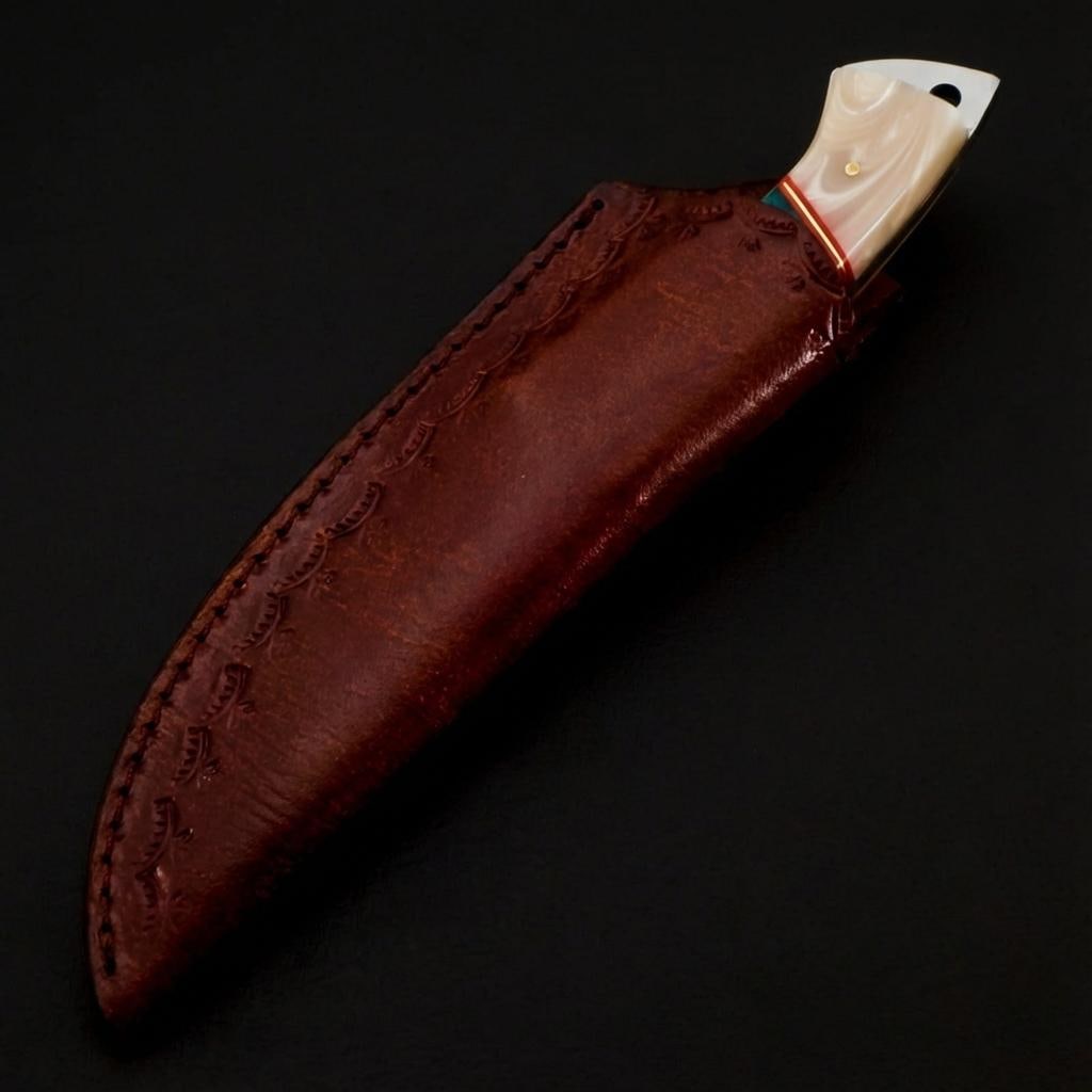 Handmade Damascus Steel Skinner Hunting Knife 9" with Resin and Wood Handle and Sheath - 7