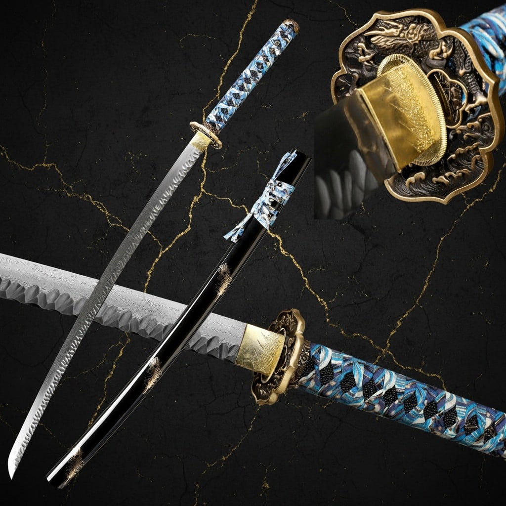 Hand-Forged Damascus Steel Katana Sharp Full Tang Samurai Sword Brass Tsuba: Title:Hand-Forged Damascus Steel Katana Sharp Full Tang Samurai Sword Brass Tsuba Description:This handmade Damascus Steel katana is a fully functional, battle-ready sword designed for martial arts