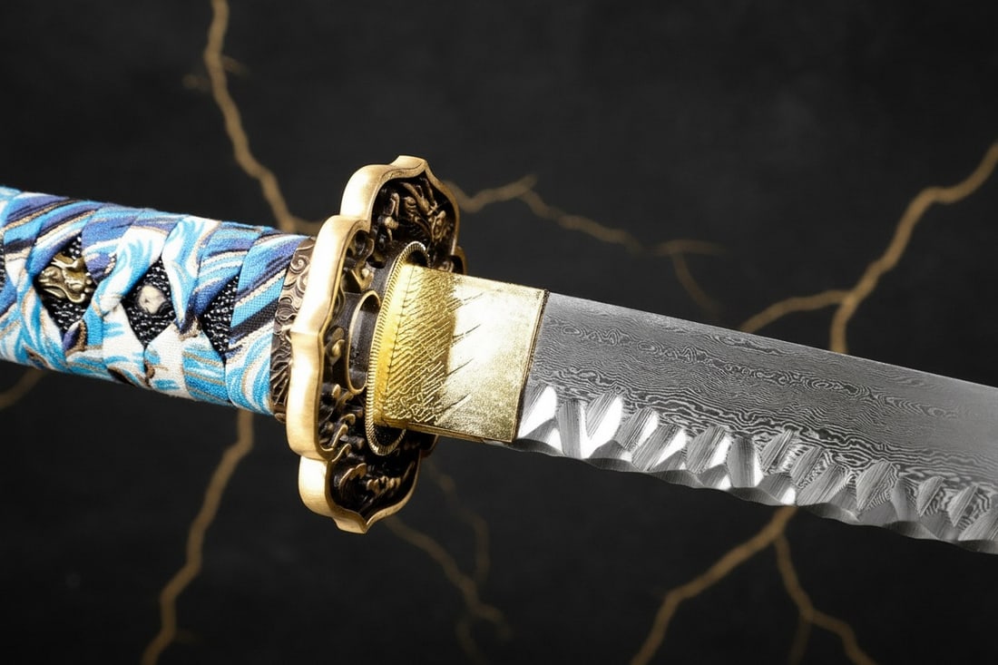 Hand-Forged Damascus Steel Katana Sharp Full Tang Samurai Sword Brass Tsuba - 2