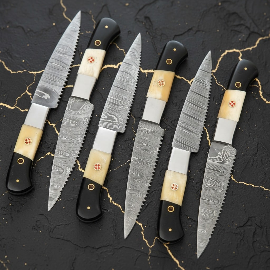 6pc Damascus Steel Steak Knife Set Bone Handle Handmade with Leather Roll: Title:6pc Damascus Steel Steak Knife Set Bone Handle Handmade with Leather Roll Description:This chef set includes a handcrafted knife and a cowhide leather carrying bag as shown in the images. Each